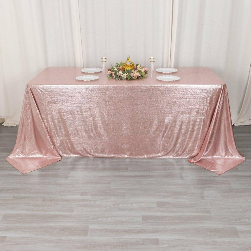 Rose Gold Shimmer Sequin Dots Polyester Tablecloth, Wrinkle Free Sparkle Glitter Tablecover 90″x132″ for 6 Foot Table With Floor-Length Drop  |   Polyester Polyester Polyester