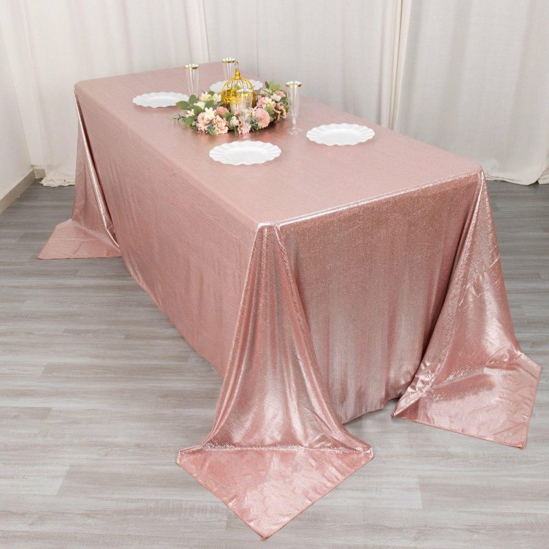 Rose Gold Shimmer Sequin Dots Polyester Tablecloth, Wrinkle Free Sparkle Glitter Tablecover 90″x132″ for 6 Foot Table With Floor-Length Drop  |   Polyester Polyester Polyester