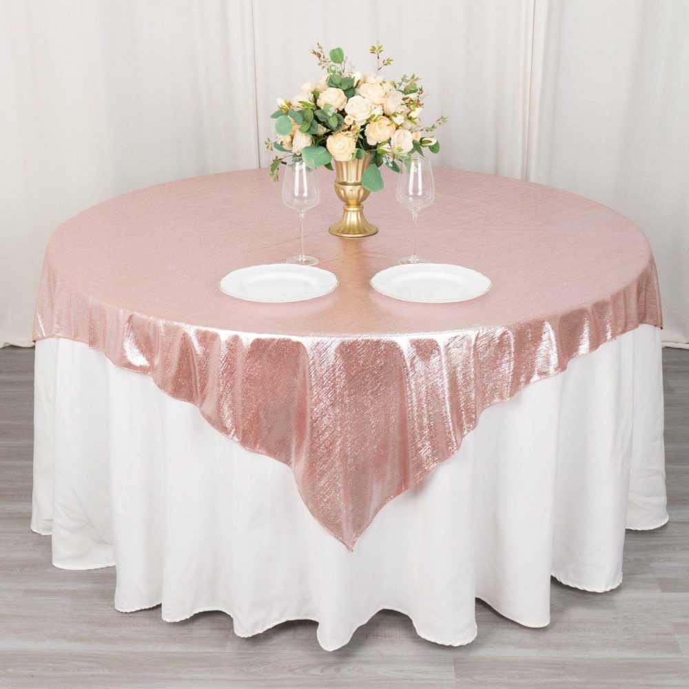 Rose Gold Shimmer Sequin Dots Square Polyester Table Overlay, Wrinkle Free Sparkle Glitter Table Topper 72″x72″  |   Sparkly Shimmer Sparkly Shimmer Rose gold