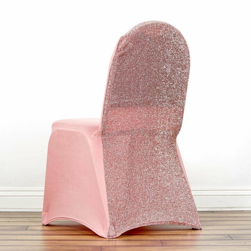 Rose Gold Spandex Stretch Banquet Chair Cover, Fitted with Metallic Shimmer Tinsel Back  |   Spandex Fitted Banquet Chair Covers Rose gold