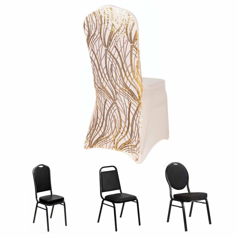 Rose Gold Spandex Stretch Banquet Chair Cover With Gold Wave Embroidered Sequins  |   Spandex Fitted Banquet Chair Covers Rose Gold / Gold