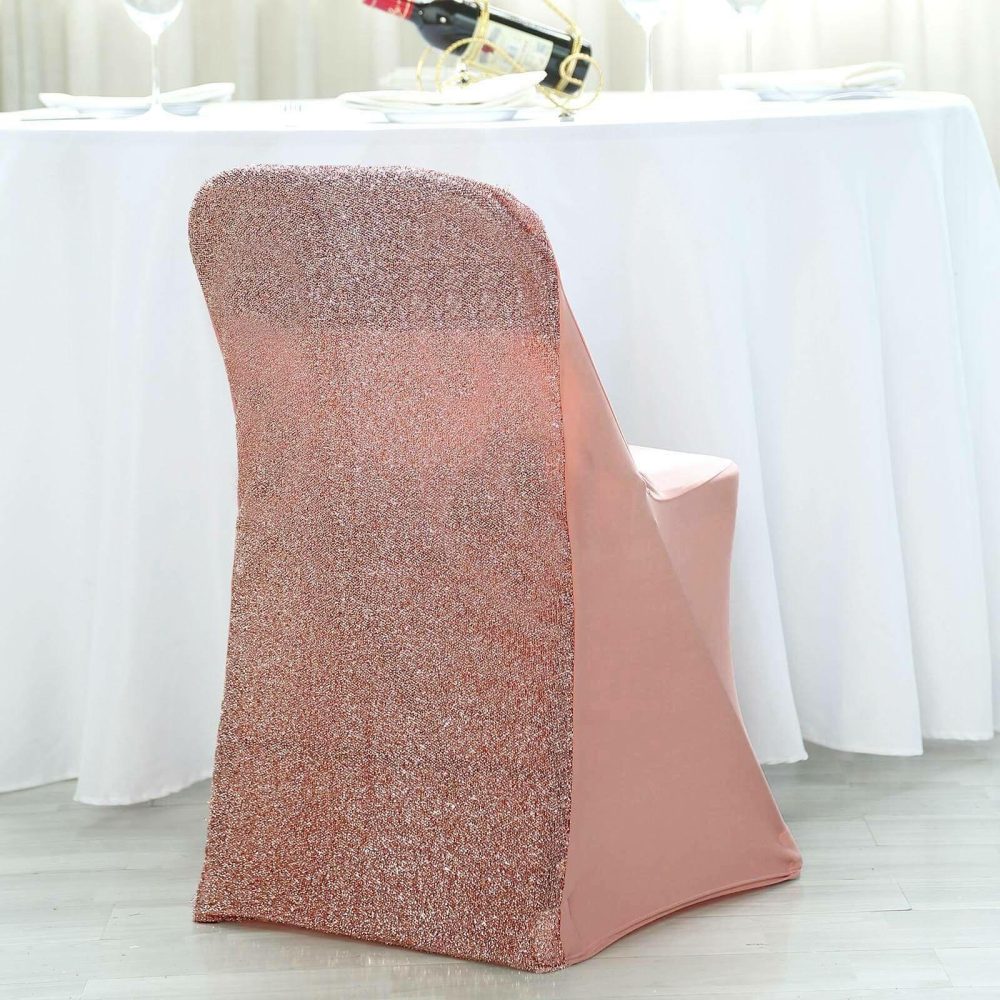 Rose Gold Spandex Stretch Folding Chair Cover, Fitted Chair Cover with Metallic Shimmer Tinsel Back  |   Spandex Fitted Folding Chair Covers Rose gold