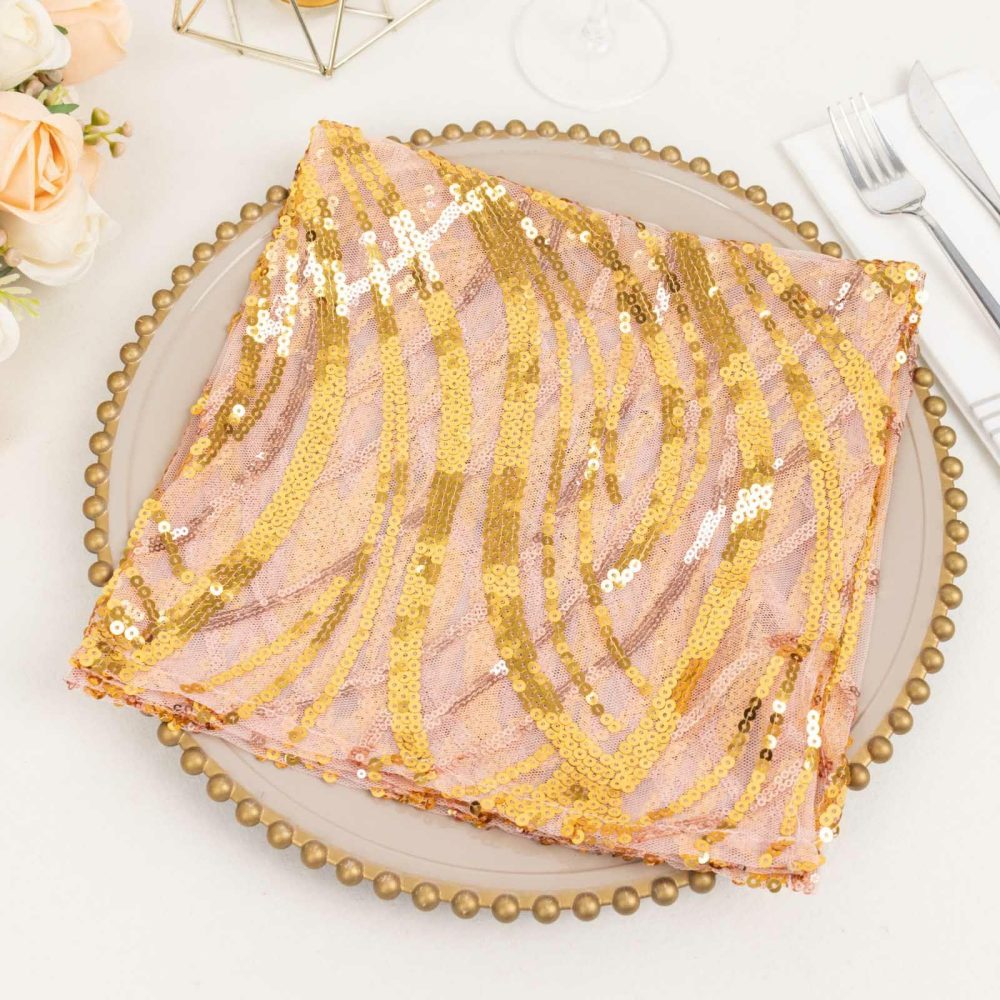 Rose Gold Wave Embroidered Sequin Mesh Dinner Napkin, Reusable Decorative Napkin – 20″x20″  |   Shimmer & Sequin Cloth Napkins Rose Gold / Gold