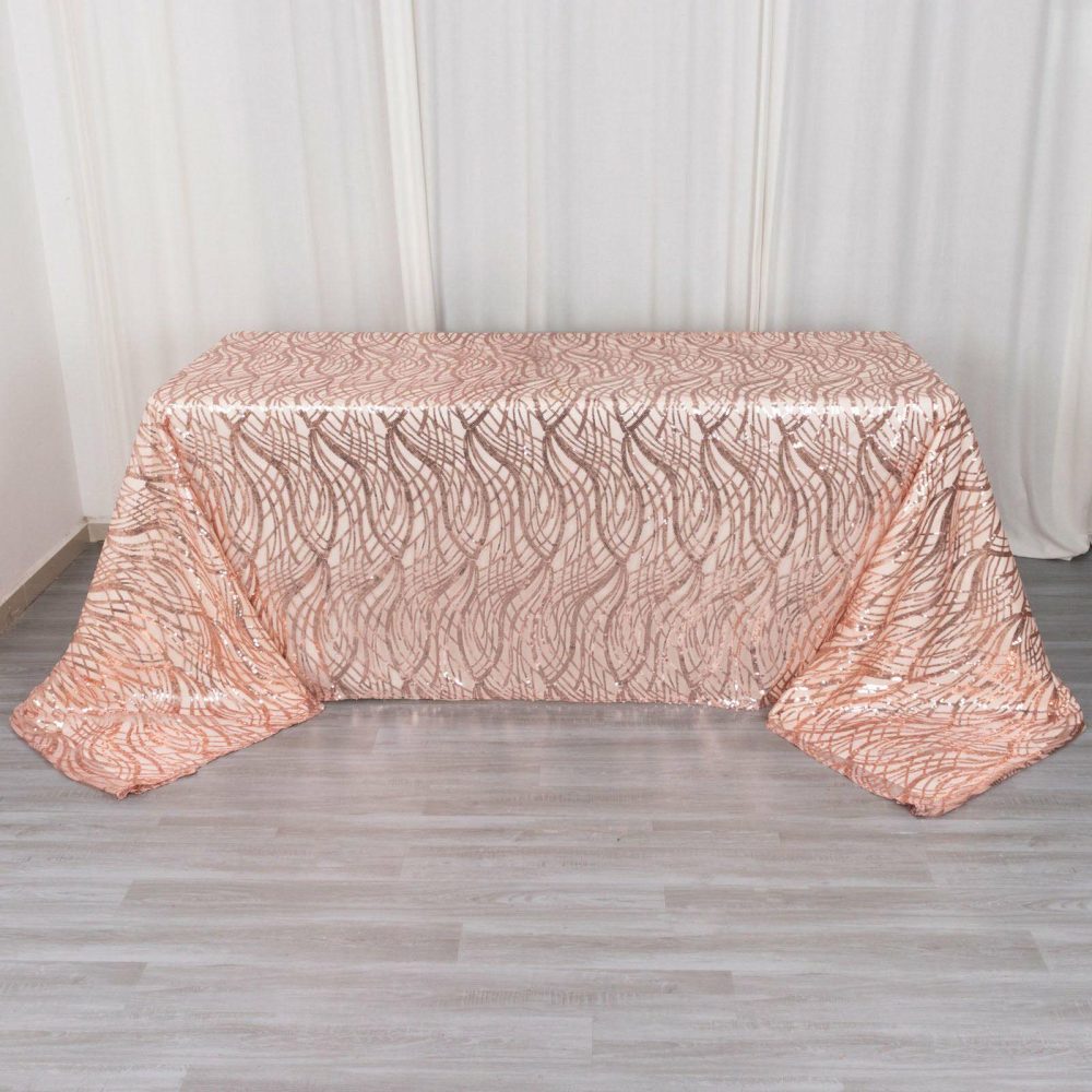 Rose Gold Wave Mesh Rectangular Tablecloth With Embroidered Sequins 90″x156″ for 8 Foot Table With Floor-Length Drop  |   Sequin Sequin Rose gold