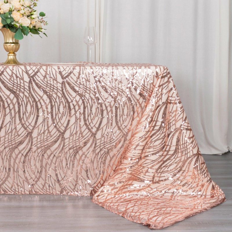 Rose Gold Wave Mesh Rectangular Tablecloth With Embroidered Sequins 90″x156″ for 8 Foot Table With Floor-Length Drop  |   Sequin Sequin Rose gold