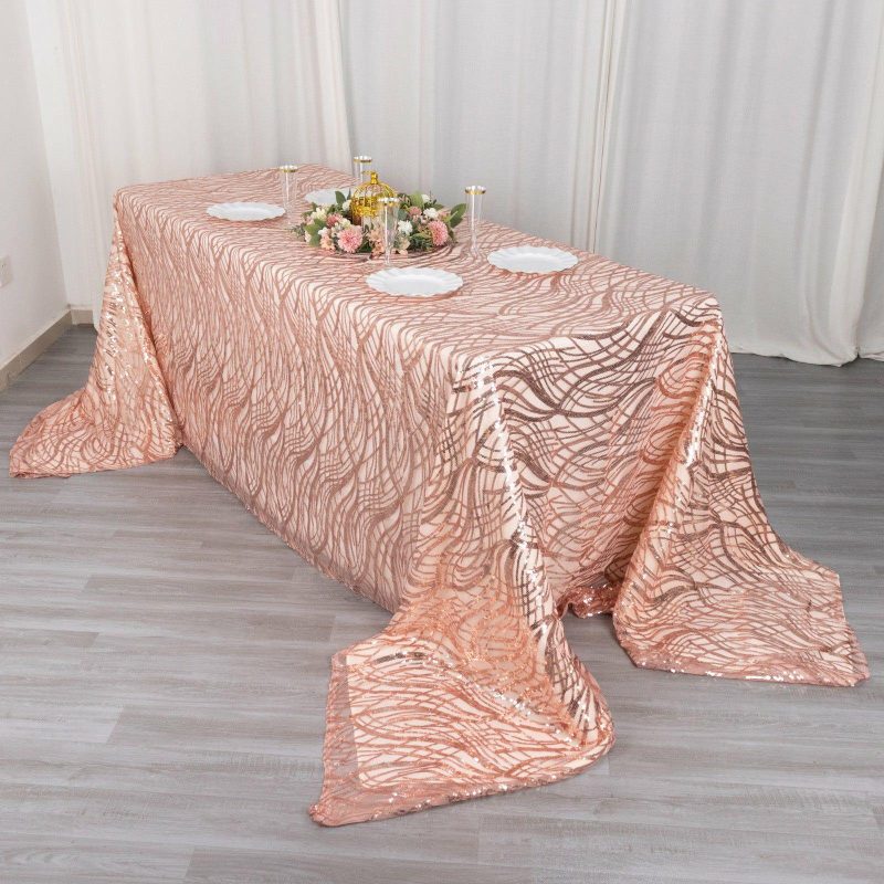 Rose Gold Wave Mesh Rectangular Tablecloth With Embroidered Sequins 90″x156″ for 8 Foot Table With Floor-Length Drop  |   Sequin Sequin Rose gold