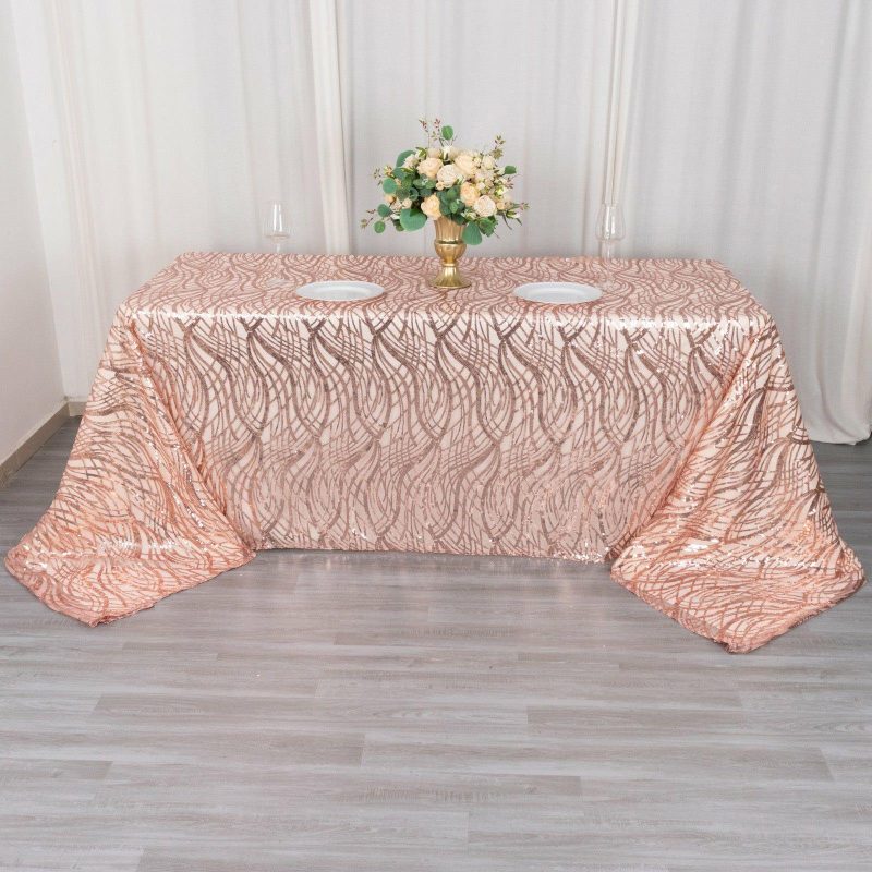 Rose Gold Wave Mesh Rectangular Tablecloth With Embroidered Sequins 90″x156″ for 8 Foot Table With Floor-Length Drop  |   Sequin Sequin Rose gold