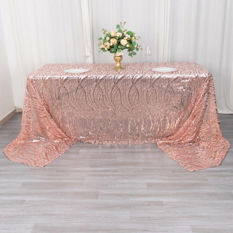 Rose Gold Wave Mesh Rectangular Tablecloth With Embroidered Sequins 90″x156″ for 8 Foot Table With Floor-Length Drop  |   Sequin Sequin Rose gold