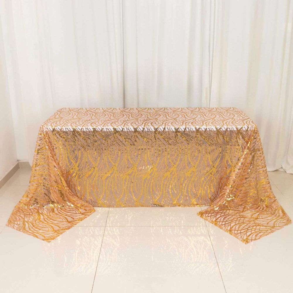 Rose Gold Wave Mesh Rectangular Tablecloth With Gold Embroidered Sequins – 90″x156″ for 8 Foot Table With Floor-Length Drop  |   Sequin Sequin Gold