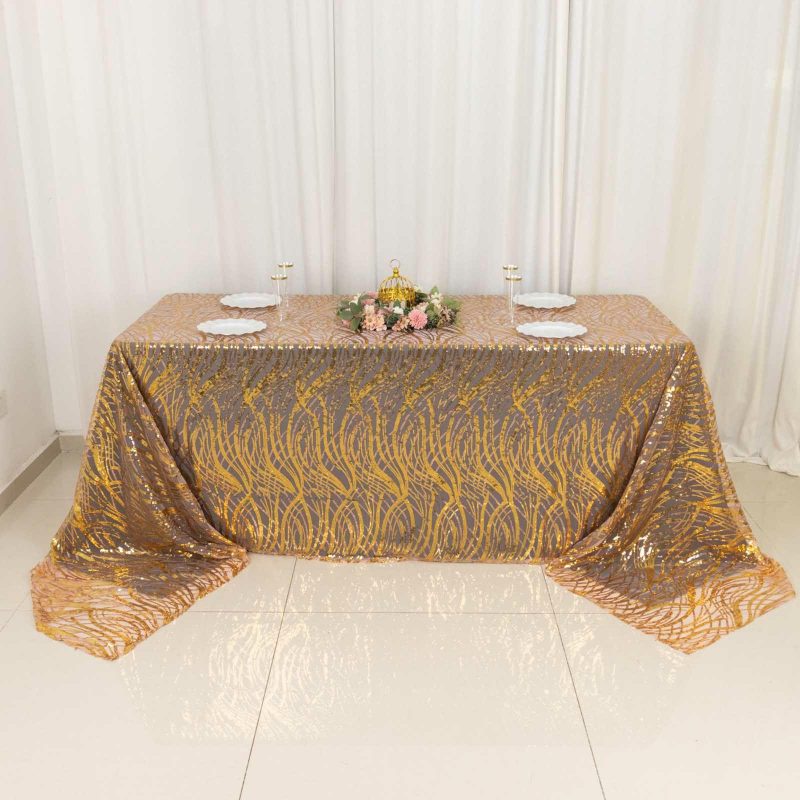 Rose Gold Wave Mesh Rectangular Tablecloth With Gold Embroidered Sequins – 90″x156″ for 8 Foot Table With Floor-Length Drop  |   Sequin Sequin Gold