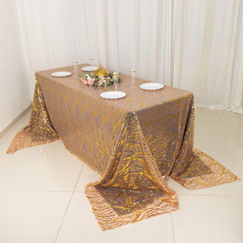 Rose Gold Wave Mesh Rectangular Tablecloth With Gold Embroidered Sequins – 90″x156″ for 8 Foot Table With Floor-Length Drop  |   Sequin Sequin Gold