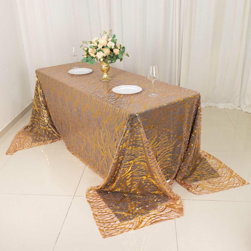 Rose Gold Wave Mesh Rectangular Tablecloth With Gold Embroidered Sequins – 90″x156″ for 8 Foot Table With Floor-Length Drop  |   Sequin Sequin Gold