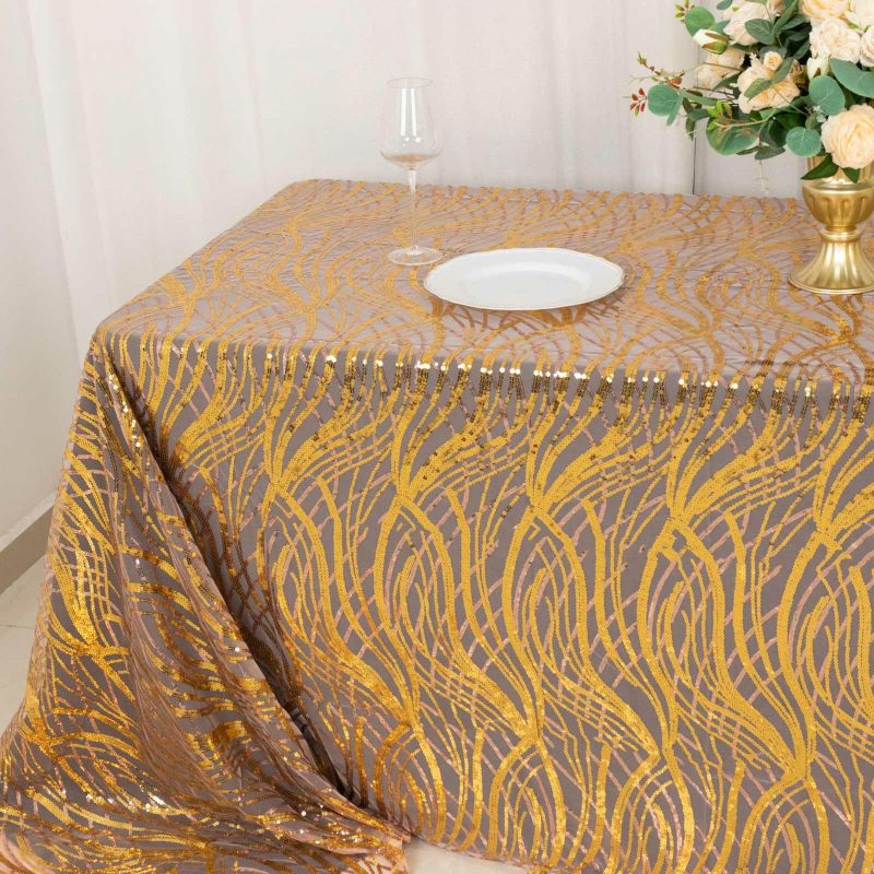 Rose Gold Wave Mesh Rectangular Tablecloth With Gold Embroidered Sequins – 90″x156″ for 8 Foot Table With Floor-Length Drop  |   Sequin Sequin Gold