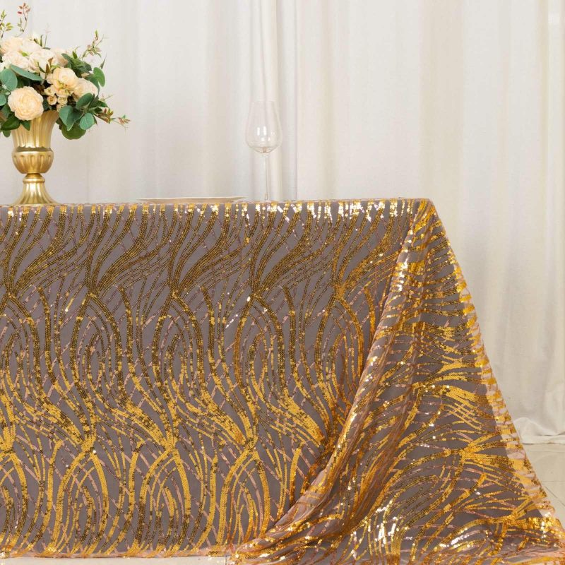 Rose Gold Wave Mesh Rectangular Tablecloth With Gold Embroidered Sequins – 90″x156″ for 8 Foot Table With Floor-Length Drop  |   Sequin Sequin Gold