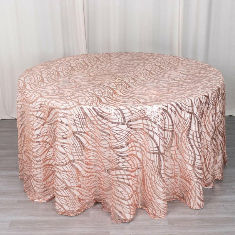 Rose Gold Wave Mesh Round Tablecloth With Embroidered Sequins 120″ for 5 Foot Table With Floor-Length Drop  |   Sequin Sequin Rose gold