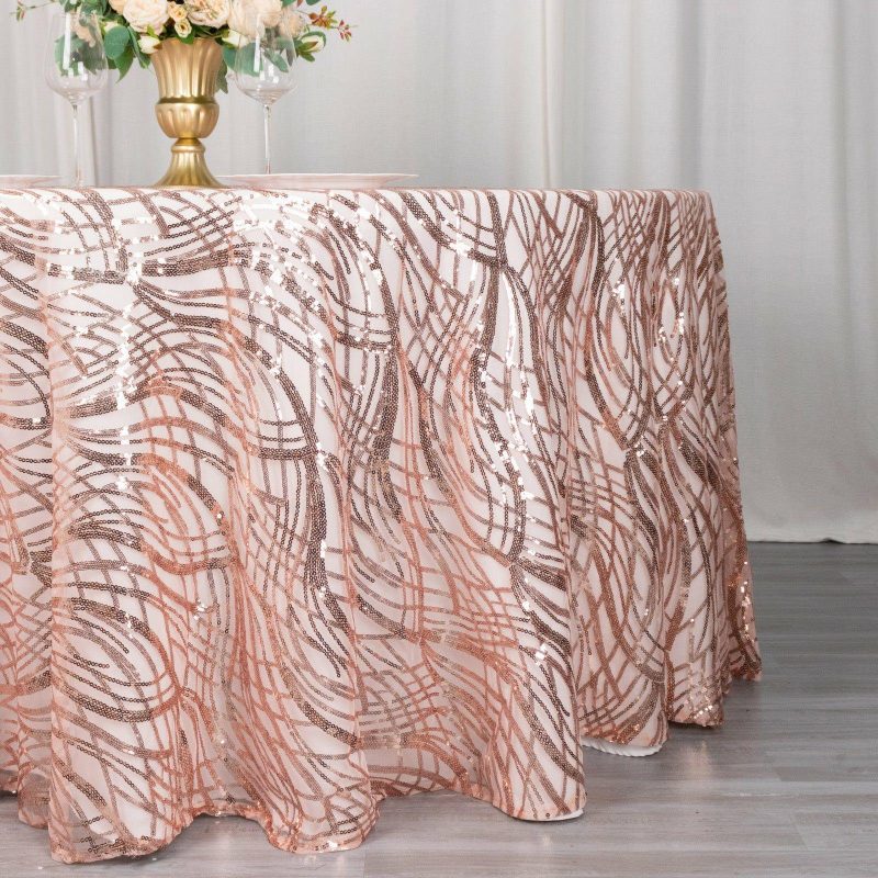 Rose Gold Wave Mesh Round Tablecloth With Embroidered Sequins 120″ for 5 Foot Table With Floor-Length Drop  |   Sequin Sequin Rose gold