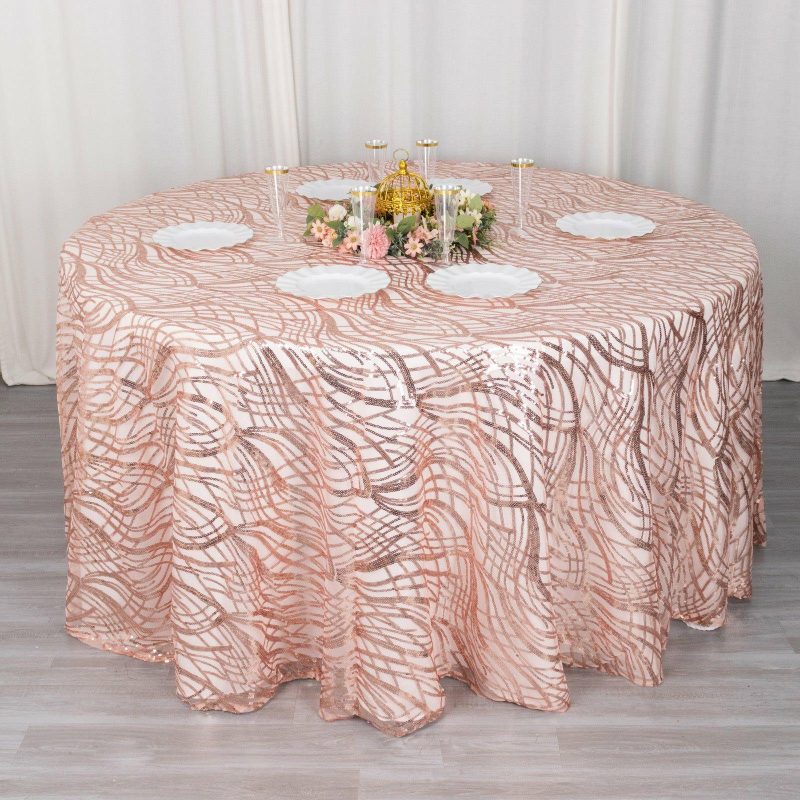 Rose Gold Wave Mesh Round Tablecloth With Embroidered Sequins 120″ for 5 Foot Table With Floor-Length Drop  |   Sequin Sequin Rose gold