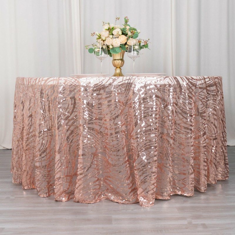 Rose Gold Wave Mesh Round Tablecloth With Embroidered Sequins 120″ for 5 Foot Table With Floor-Length Drop  |   Sequin Sequin Rose gold