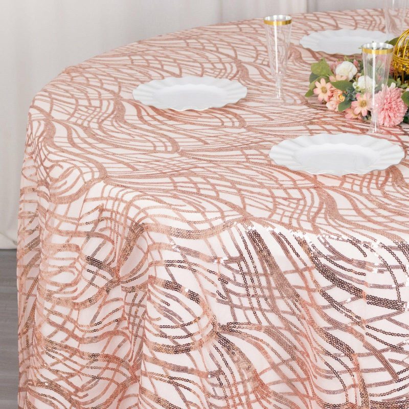 Rose Gold Wave Mesh Round Tablecloth With Embroidered Sequins 120″ for 5 Foot Table With Floor-Length Drop  |   Sequin Sequin Rose gold