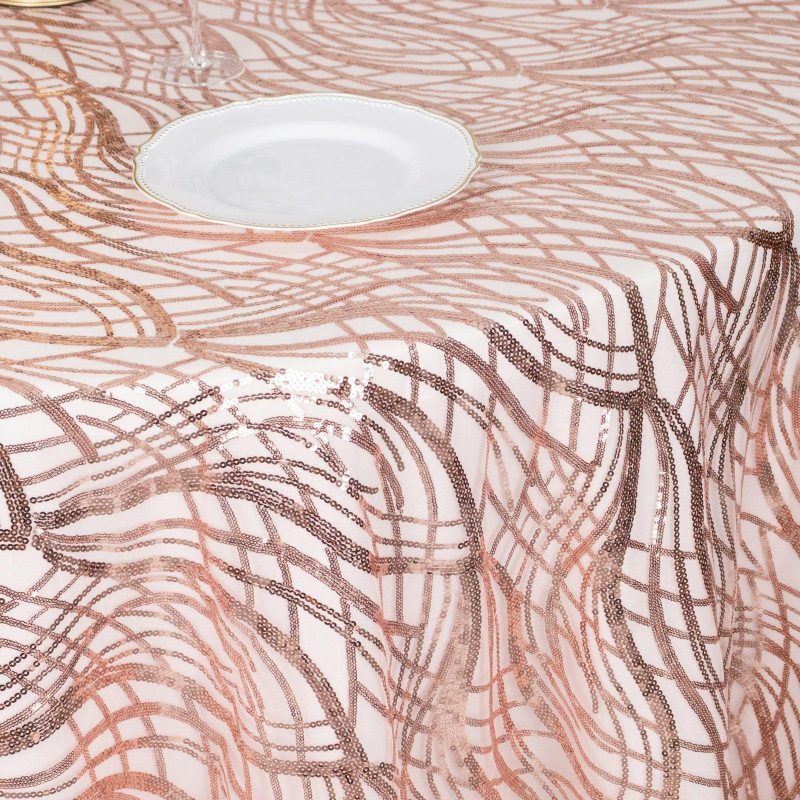 Rose Gold Wave Mesh Round Tablecloth With Embroidered Sequins 120″ for 5 Foot Table With Floor-Length Drop  |   Sequin Sequin Rose gold