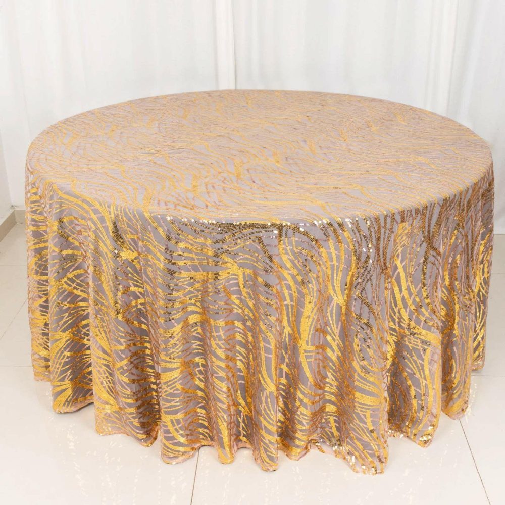 Rose Gold Wave Mesh Round Tablecloth With Gold Embroidered Sequins – 120″ for 5 Foot Table With Floor-Length Drop  |   Sequin Sequin Gold