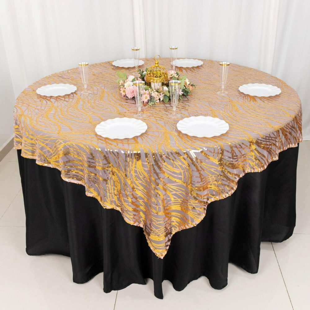 Rose Gold Wave Mesh Square Table Overlay With Gold Embroidered Sequins 72″x72″  |   Sequin Sequin Rose Gold / Gold