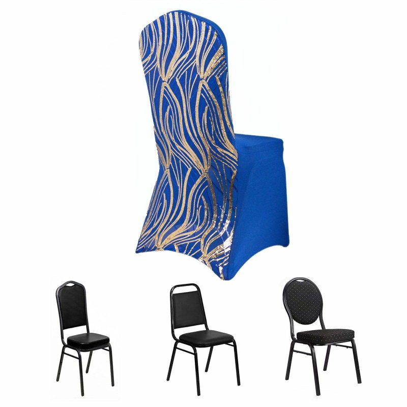 Royal Blue Gold Spandex Stretch Banquet Chair Cover With Wave Embroidered Sequins  |   Spandex Fitted Banquet Chair Covers Royal Blue / Gold