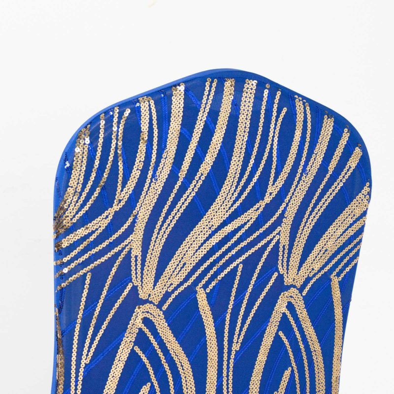 Royal Blue Gold Spandex Stretch Banquet Chair Cover With Wave Embroidered Sequins  |   Spandex Fitted Banquet Chair Covers Royal Blue / Gold