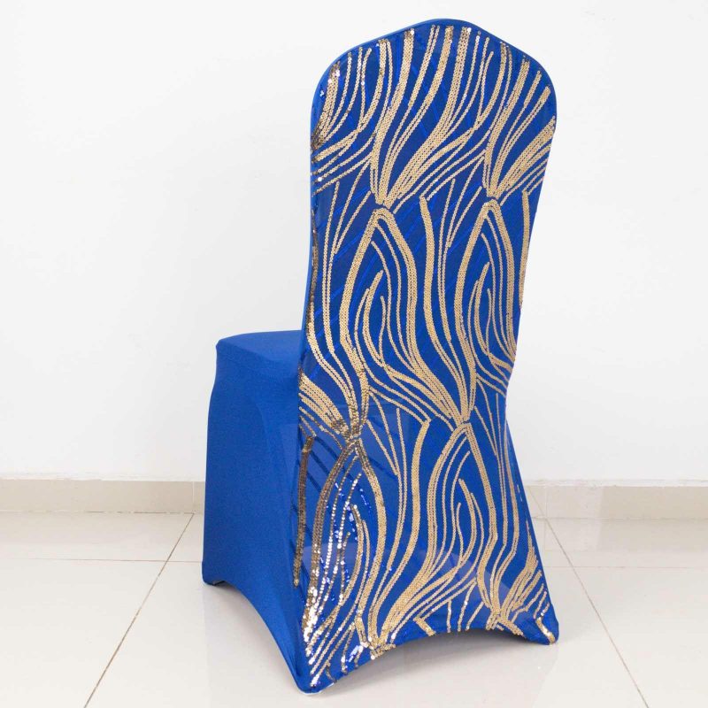 Royal Blue Gold Spandex Stretch Banquet Chair Cover With Wave Embroidered Sequins  |   Spandex Fitted Banquet Chair Covers Royal Blue / Gold