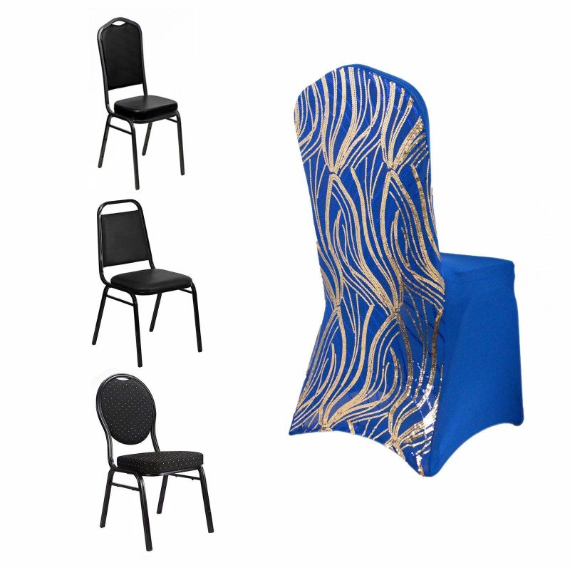 Royal Blue Gold Spandex Stretch Banquet Chair Cover With Wave Embroidered Sequins  |   Spandex Fitted Banquet Chair Covers Royal Blue / Gold