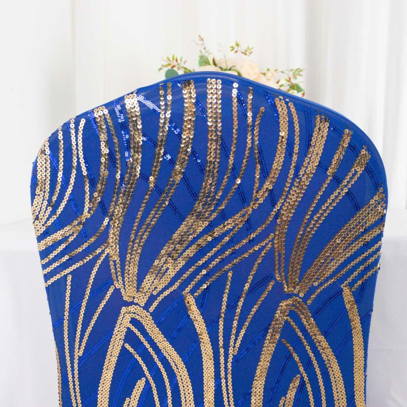 Royal Blue Gold Spandex Stretch Banquet Chair Cover With Wave Embroidered Sequins  |   Spandex Fitted Banquet Chair Covers Royal Blue / Gold