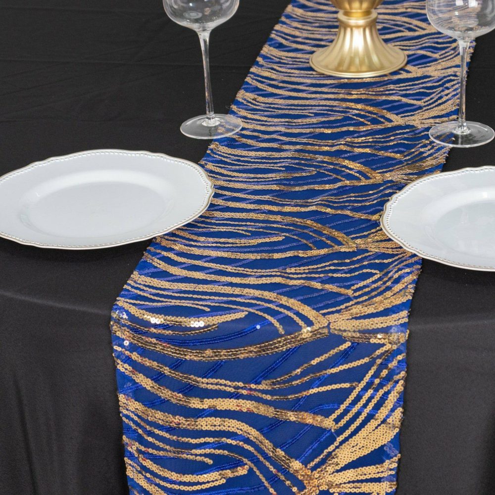 Royal Blue Gold Wave Embroidered Sequins Table Runner 12″x108″  |   Sequin Sequin Royal Blue / Gold