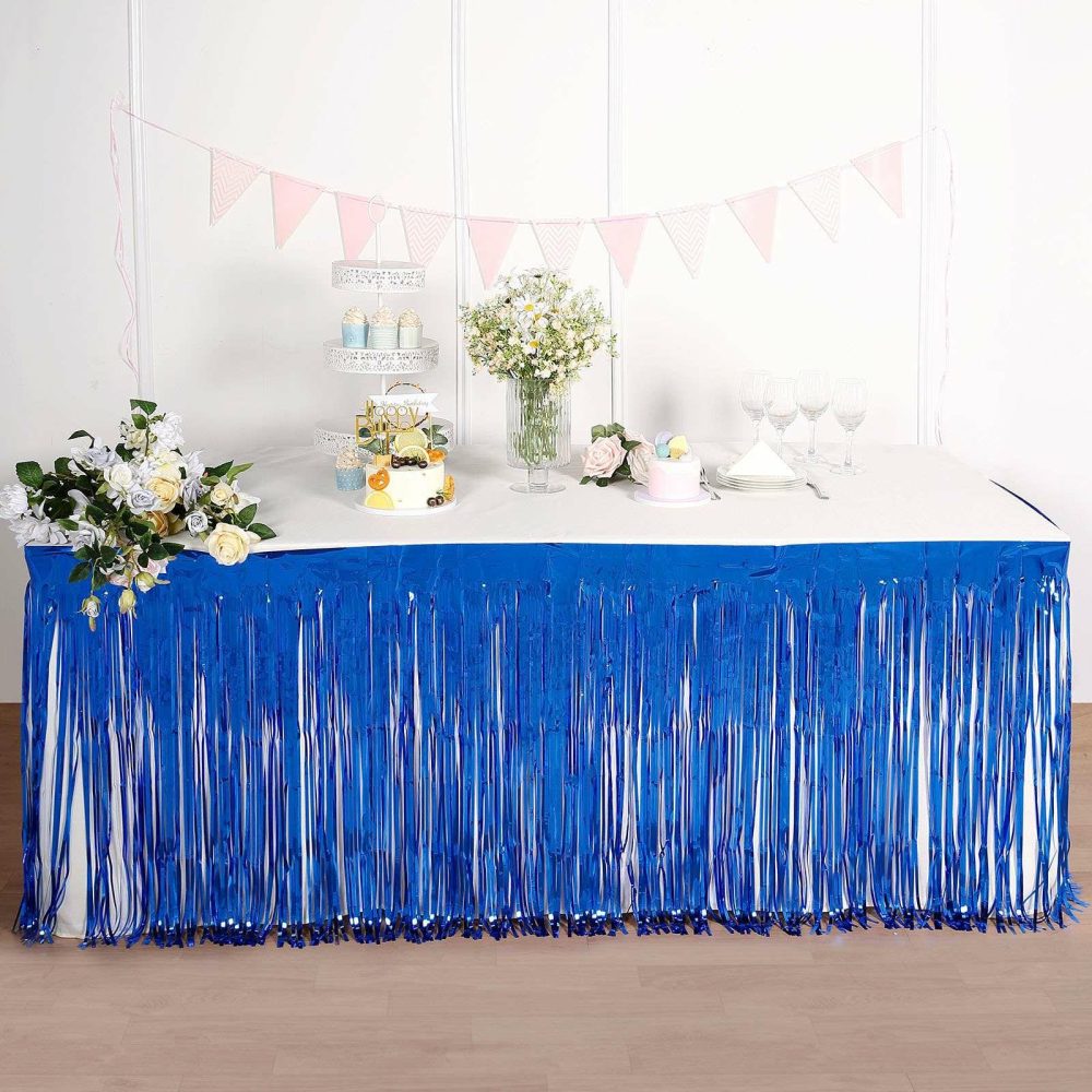 Royal Blue Metallic Foil Fringe Table Skirt, Self Adhesive Tinsel Table Skirt 30″x9ft  |   Disposable Tablecloth Disposable Tablecloth Disposable Tablecloth