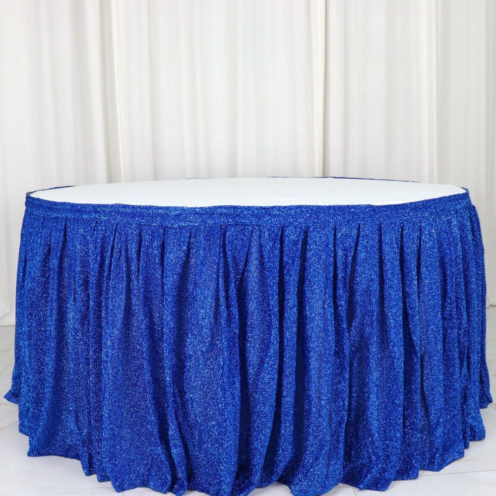 Royal Blue Metallic Shimmer Tinsel Spandex Pleated Table Skirt with Top Velcro Strip 17ft  |   Satin Shimmer Satin Shimmer Royal blue