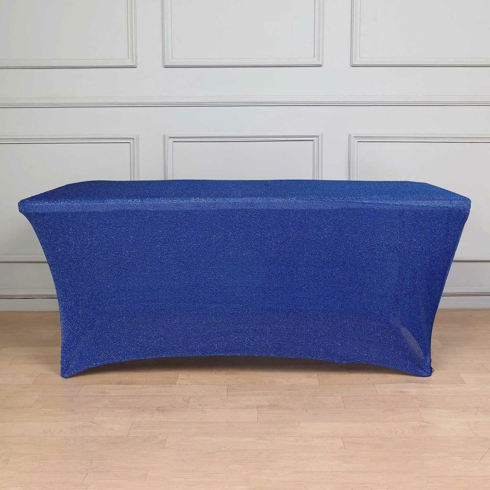 Royal Blue Metallic Shimmer Tinsel Spandex Tablecloth 6ft Rectangle Fitted Table Cover for 72″x30″ Tables  |   Spandex & Fitted Spandex & Fitted Royal blue