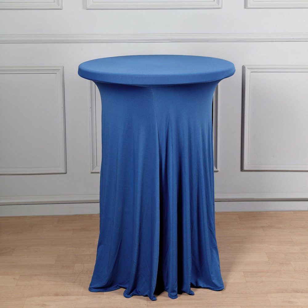 Royal Blue Round Heavy Duty Spandex Cocktail Table Cover With Natural Wavy Drapes  |   Spandex & Fitted Spandex & Fitted Royal blue