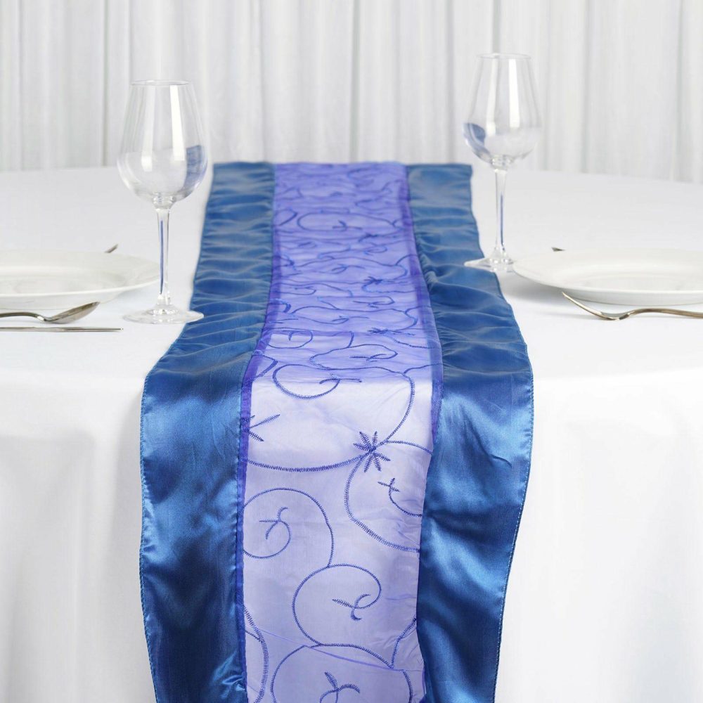 Royal Blue Satin Embroidered Sheer Organza Table Runner 14″x108″  |   Organza & Chiffon Organza & Chiffon Organza & Chiffon