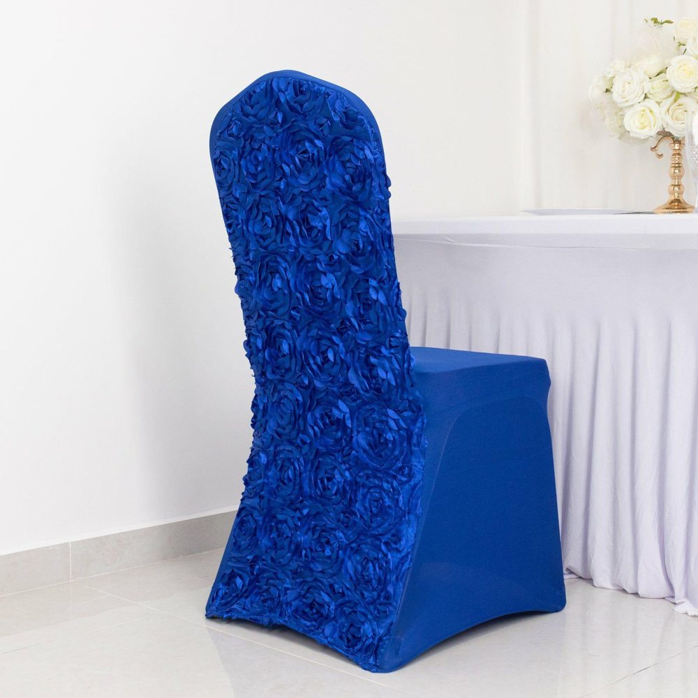 Royal Blue Satin Rosette Spandex Stretch Banquet Chair Cover, Fitted Slip On Chair Cover  |   Spandex Fitted Banquet Chair Covers Royal blue