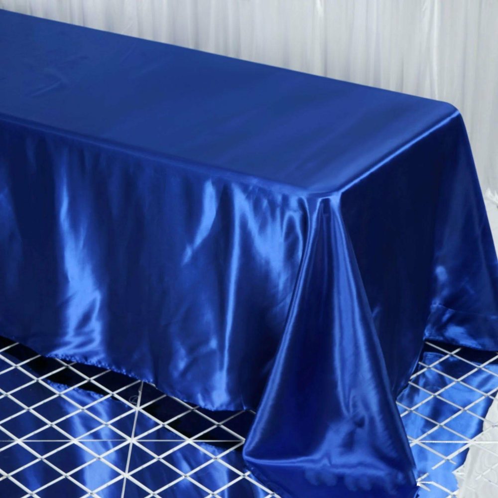 Royal Blue Satin Seamless Rectangular Tablecloth 90″x132″ for 6 Foot Table With Floor-Length Drop  |   Satin Satin Royal blue