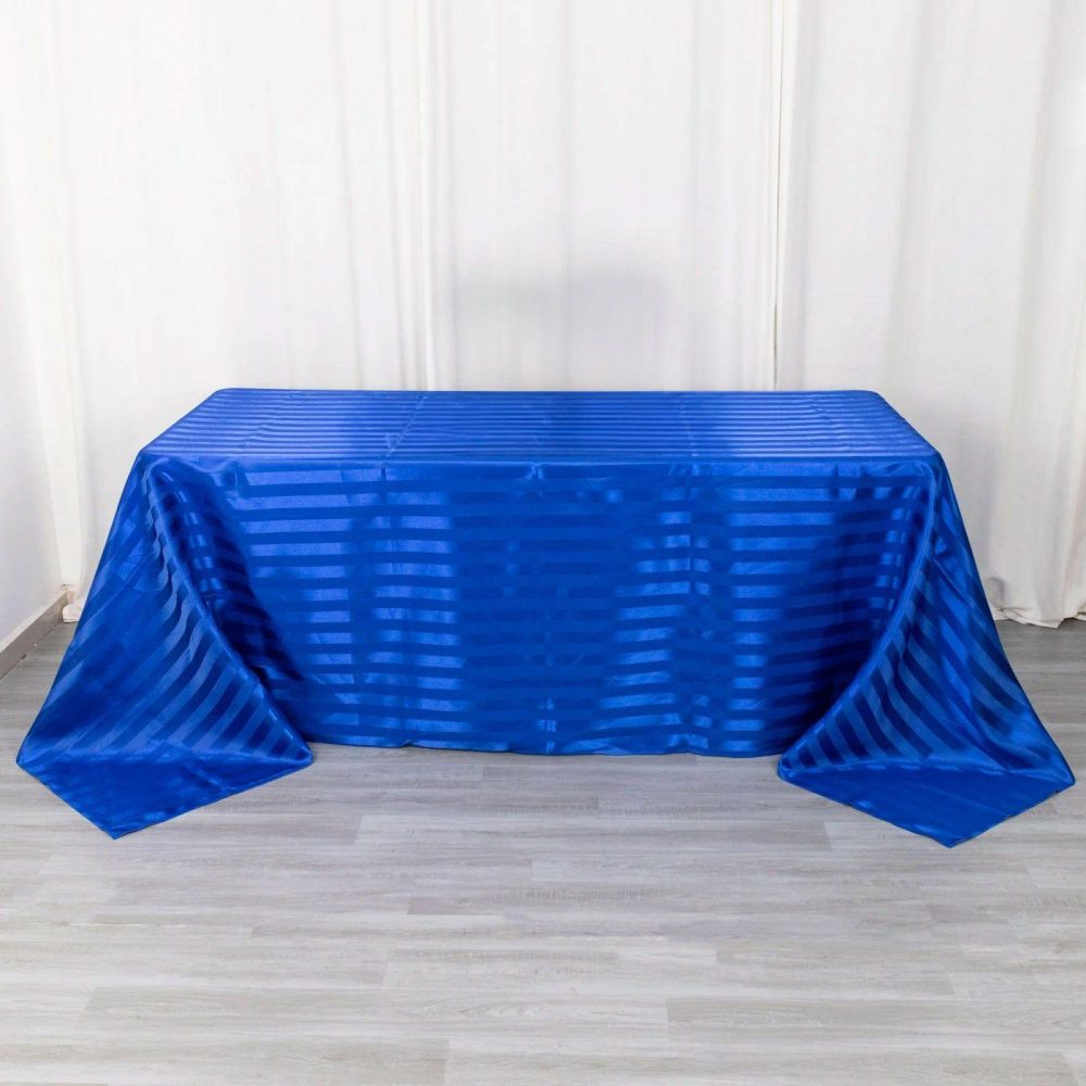 Royal Blue Satin Stripe Seamless Rectangular Tablecloth 90″x132″ for 6 Foot Table With Floor-Length Drop  |   Satin Satin Royal blue