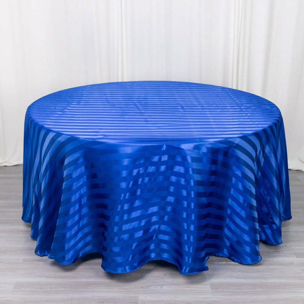 Royal Blue Satin Stripe Seamless Round Tablecloth 120″ for 5 Foot Table With Floor-Length Drop  |   Satin Satin Royal blue