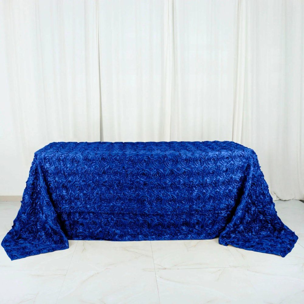 Royal Blue Seamless Grandiose 3D Rosette Satin Rectangle Tablecloth 90″x132″ for 6 Foot Table With Floor-Length Drop  |   Rosette Rosette Rosette