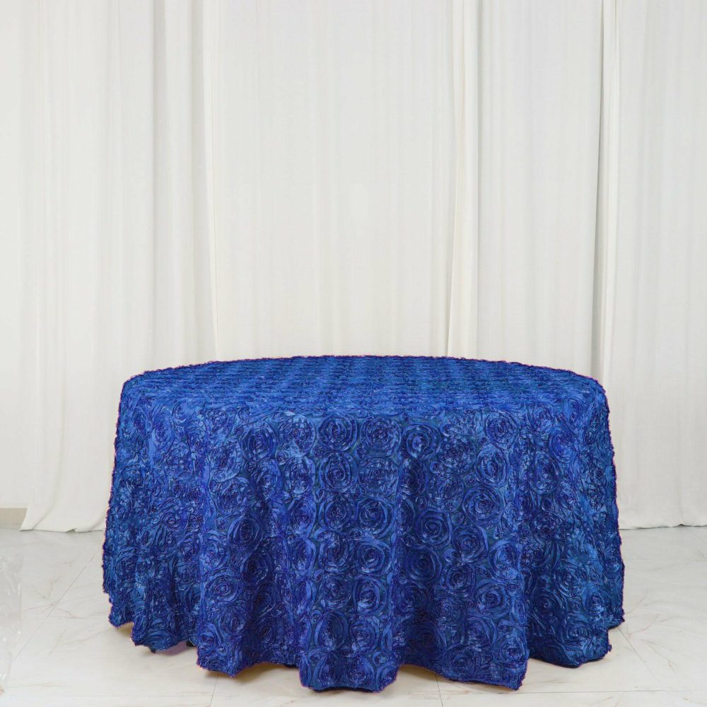 Royal Blue Seamless Grandiose 3D Rosette Satin Round Tablecloth 120″ for 5 Foot Table With Floor-Length Drop  |   Rosette Rosette Rosette