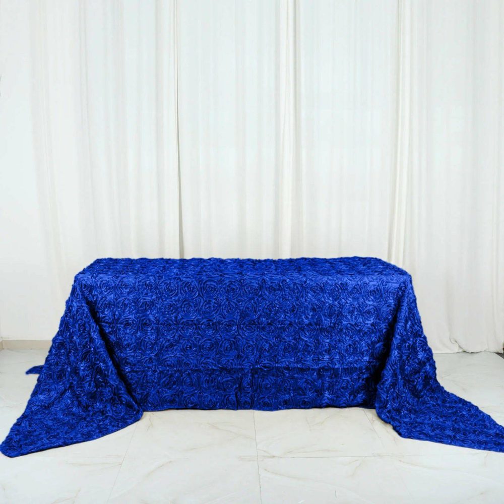 Royal Blue Seamless Grandiose Rosette 3D Satin Rectangle Tablecloth 90″x156″  |   Rosette Rosette Rosette