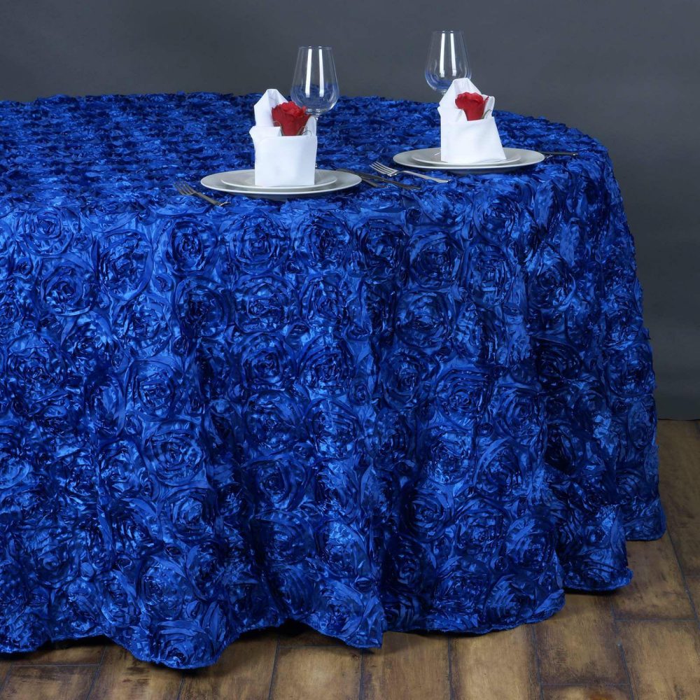 Royal Blue Seamless Grandiose Rosette 3D Satin Round Tablecloth 132″ for 6 Foot Table With Floor-Length Drop  |   Rosette Rosette Rosette