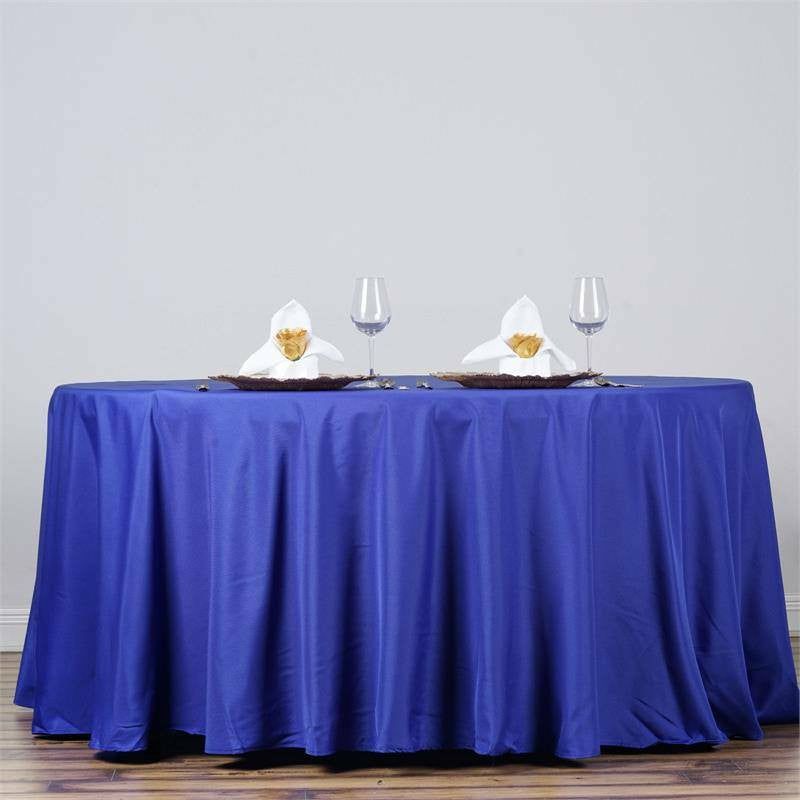 Royal Blue Seamless Polyester Round Tablecloth 132″ for 6 Foot Table With Floor-Length Drop  |   Polyester Polyester Polyester