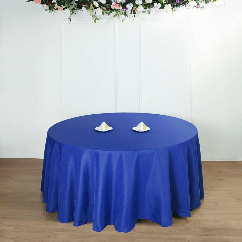 Royal Blue Seamless Polyester Round Tablecloth 132″ for 6 Foot Table With Floor-Length Drop  |   Polyester Polyester Polyester