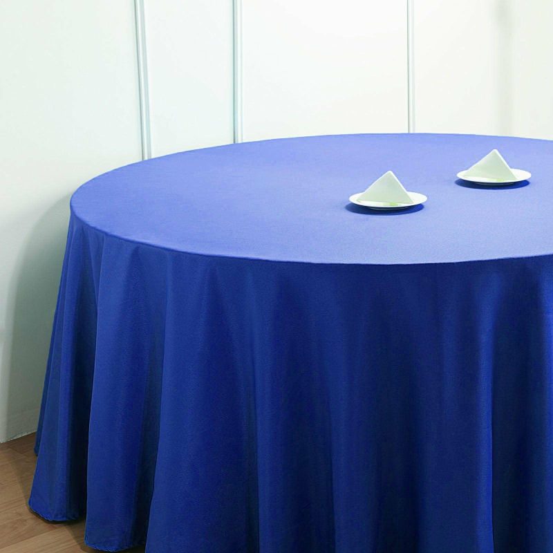 Royal Blue Seamless Polyester Round Tablecloth 132″ for 6 Foot Table With Floor-Length Drop  |   Polyester Polyester Polyester