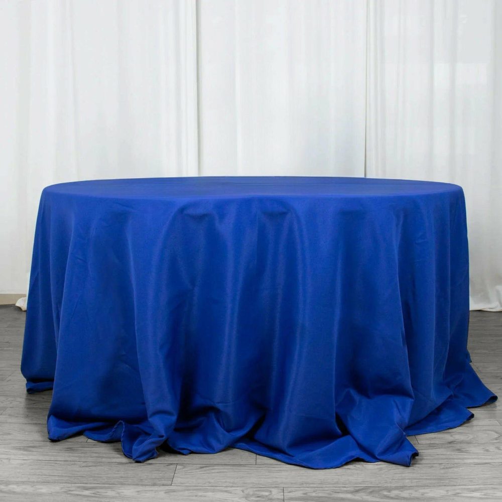 Royal Blue Seamless Premium Polyester Round Tablecloth 220GSM 132″ for 6 Foot Table With Floor-Length Drop  |   Polyester Polyester Polyester