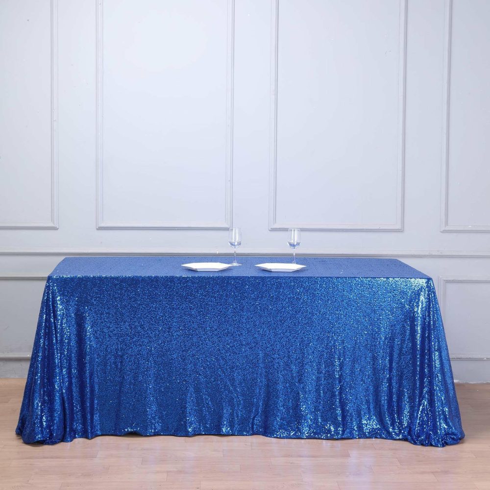 Royal Blue Seamless Premium Sequin Rectangle Tablecloth 90″x132″ for 6 Foot Table With Floor-Length Drop  |   Sequin Sequin Royal blue